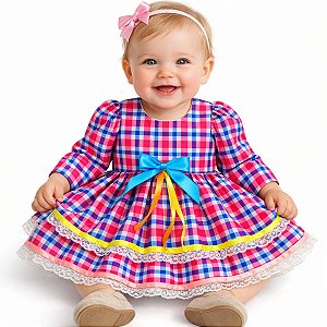 Vestido Festa Junina Bebê Xadrez Pink com Laço e Renda