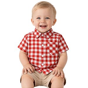 Camisa Bebê Junina Xadrez Vermelho Cowboy Festa Country Rodeio Infantil