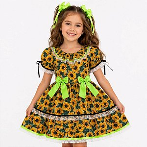 Vestido Junino Infantil Girassol Festa de São João 1 a 9 Anos com Renda e Laço
