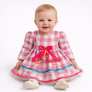 Vestido Junino Bebê Xadrez Rosa com Laço Colorido e Renda