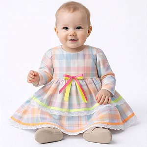 Vestido Junino Bebê Xadrez Colorido com Renda e Fitas Neon