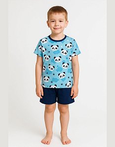 Conjunto Pijama Infantil Panda Azul 100% Algodão Verão