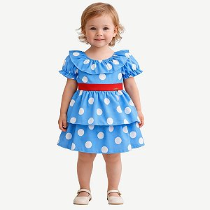 Vestido Infantil de Bolinhas Branca Tam 1 a 4 Anos Azul Galinha Pintadinha