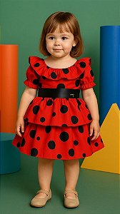 Vestido Infantil Festa de Bolinhas Pretas Tam 1 a 4 Anos Poá Vermelho LadyBug