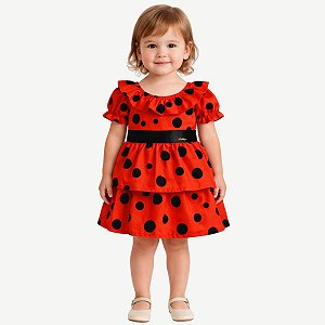 Vestido Infantil Festa de Bolinhas Pretas Tam 1 a 4 Anos Poá Vermelho LadyBug