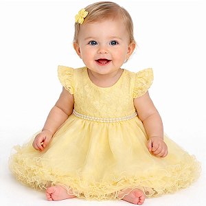 Vestido Para Bebê Amarelo com Tulle e Renda Para MesVersário
