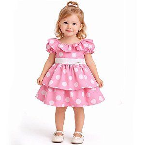 Vestido de Festa Infantil Poá Rosa Minnie 1 a 4 Anos Bola Branca