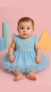 Vestido Bebê Festa Tulle Com Renda Cinto de Pérolas Azul Bebê