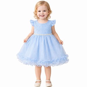 Vestido Infantil de Festa Com Renda e Tulle Azul Bebê Tam 1 ao 4