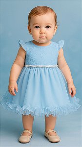Vestido Infantil de Festa Com Renda e Tulle Azul Bebê Tam 1 ao 4