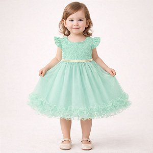 Vestido Infantil de Festa Com Renda e Tulle Tam 1 ao 4 Verde Menta