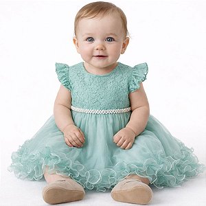 Vestido Para Bebê Verde Menta com Tulle e Renda Para MesVersário