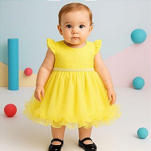 Vestido Infantil de Festa Com Renda e Tulle Tam 1 ao 4 Amarelo