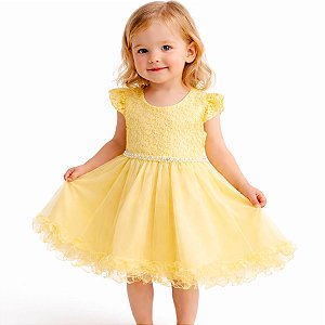 Vestido Infantil de Festa Com Renda e Tulle Tam 1 ao 4 Amarelo