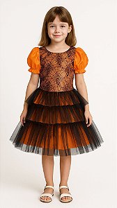 Vestido Infantil Festa Halloween Fantasia Menina com Tule e Renda