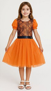 Vestido Infantil Festa Halloween Fantasia Menina com Tule e Renda Laranja