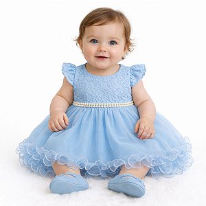 Vestido Bebê Festa Tulle Com Renda Cinto de Pérolas Azul Bebê