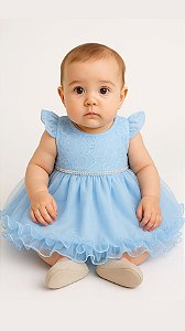 Vestido Bebê Festa Tulle Com Renda Cinto de Pérolas Azul Bebê