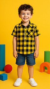 Camisa Infantil Xadrez Amarela e Preta Manga Curta com Bolso