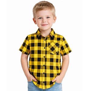 Camisa Infantil Xadrez Amarela e Preta Manga Curta com Bolso