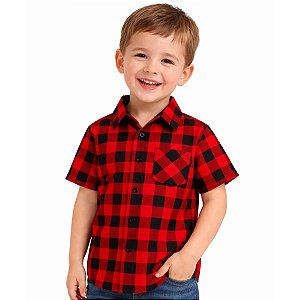 Camisa Infantil Xadrez Vermelho e Preto Manga Curta com Bolso