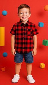 Camisa Infantil Xadrez Vermelho e Preto Manga Curta com Bolso