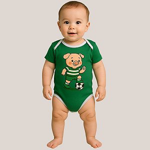 Body Torcedor Bebê Mêsversario Verde e Branco Infantil Porquinho Alegre Jogador