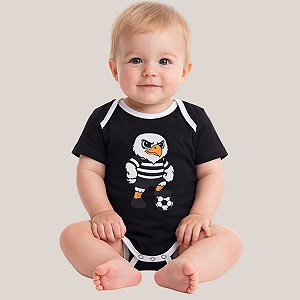 Body Torcedor Bebê Mêsversario Preto e Branco Infantil Mascote Alegre Jogador Futebol