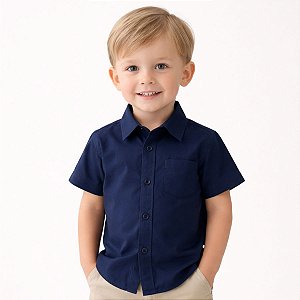 Camisa Infantil Masculina Lisa em Tricoline 100% Algodão Manga Curta Azul Marinho