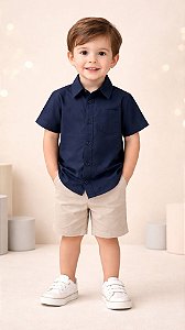 Camisa Infantil Masculina Lisa em Tricoline 100% Algodão Manga Curta Azul Marinho