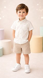 Camisa Infantil Masculina Lisa em Tricoline 100% Algodão Manga Curta Bege
