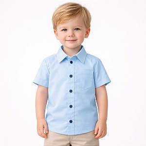 Camisa Infantil Masculina Lisa em Tricoline 100% Algodão Manga Curta Azul Claro