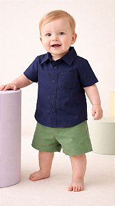 Camisa Infantil Lisa Para Bebê Menino Social Festa Mesversário Azul Marinho Tricoline