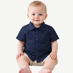 Camisa Infantil Lisa Para Bebê Menino Social Festa Mesversário Azul Marinho Tricoline