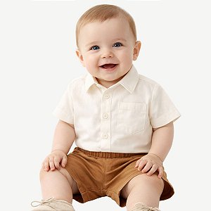 Camisa Infantil Lisa Para Bebê Menino Social Festa Mesversário Bege Tricoline