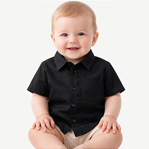 Camisa Infantil Lisa Para Bebê Menino Social Festa Mesversário Preta Tricoline