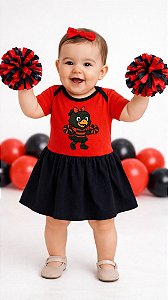 Body Bebê Menina Torcedora Futebol Vermelho e Preto com Saia Rodada