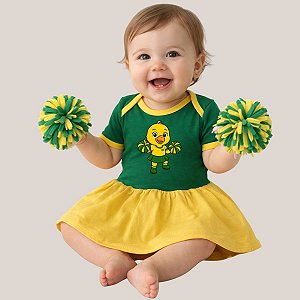 Body Bebê Menina Torcedora Futebol Verde e Amarelo Brasil com Saia Rodada