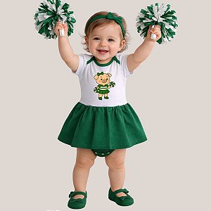 Body Bebê Menina Torcedora Futebol Verde e Branco Porquiha com Saia Rodada