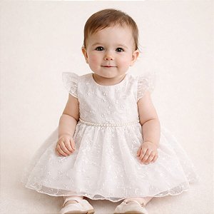 Vestido Batizado Bebê Branco Renda Tule Pérolas Festa