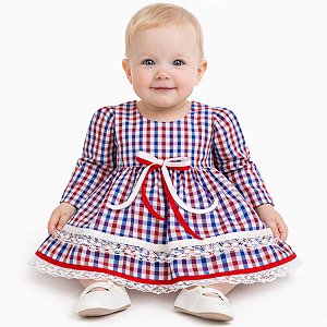 Vestido Junino Bebê Menina Xadrez Manga Longa Festa