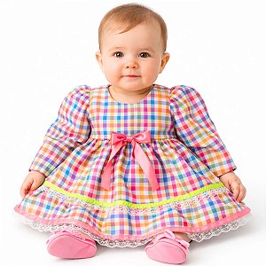 Vestido Junino Bebê Menina Manga Longa Xadrez Colorido 2 Saias Renda Laço Festa São João