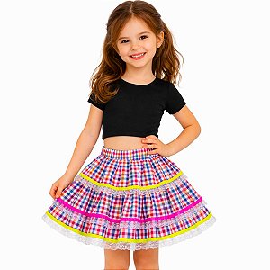 Saia Infantil Junina Infantil Colorida 3 Camadas Com Renda Festa Caipira