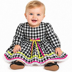 Vestido Junino Bebê Menina Manga Longa Festa Xadrez Preto e Branco