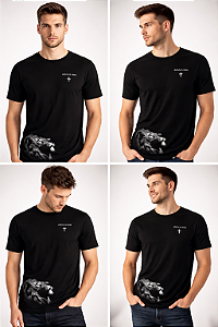 Camiseta “JESUS IS KING” com tipografia discreta e cruz no peito, combinada à arte de leão realista na parte inferior. Um design moderno que expressa fé, autoridade e identidade cristã com estilo urbano e presença marcante.