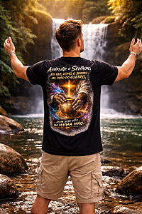 Camiseta cristã com estampa nas costas inspirada em Jeremias, representando Deus como o Oleiro. Um design impactante que transmite renovação, transformação e propósito. Perfeita para quem vive uma nova história nas mãos de Deus