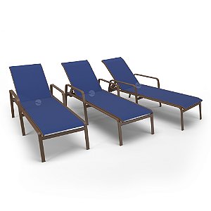 Kit 3 Espreguiçadeiras Piscina Alumínio Marrom Tela Azul