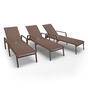 Kit 3 Espreguiçadeiras Piscina Alumínio Marrom Tela Marrom