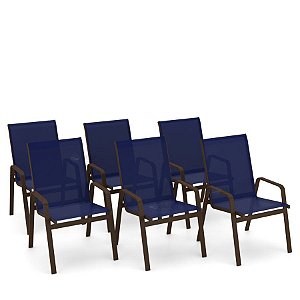 Kit 6 Cadeira Riviera Piscina Alumínio Marrom Tela Azul