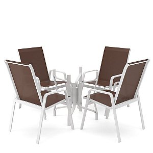 Conjunto de 4 Cadeiras S/ Vidro Alumínio Branco Tela Marrom
